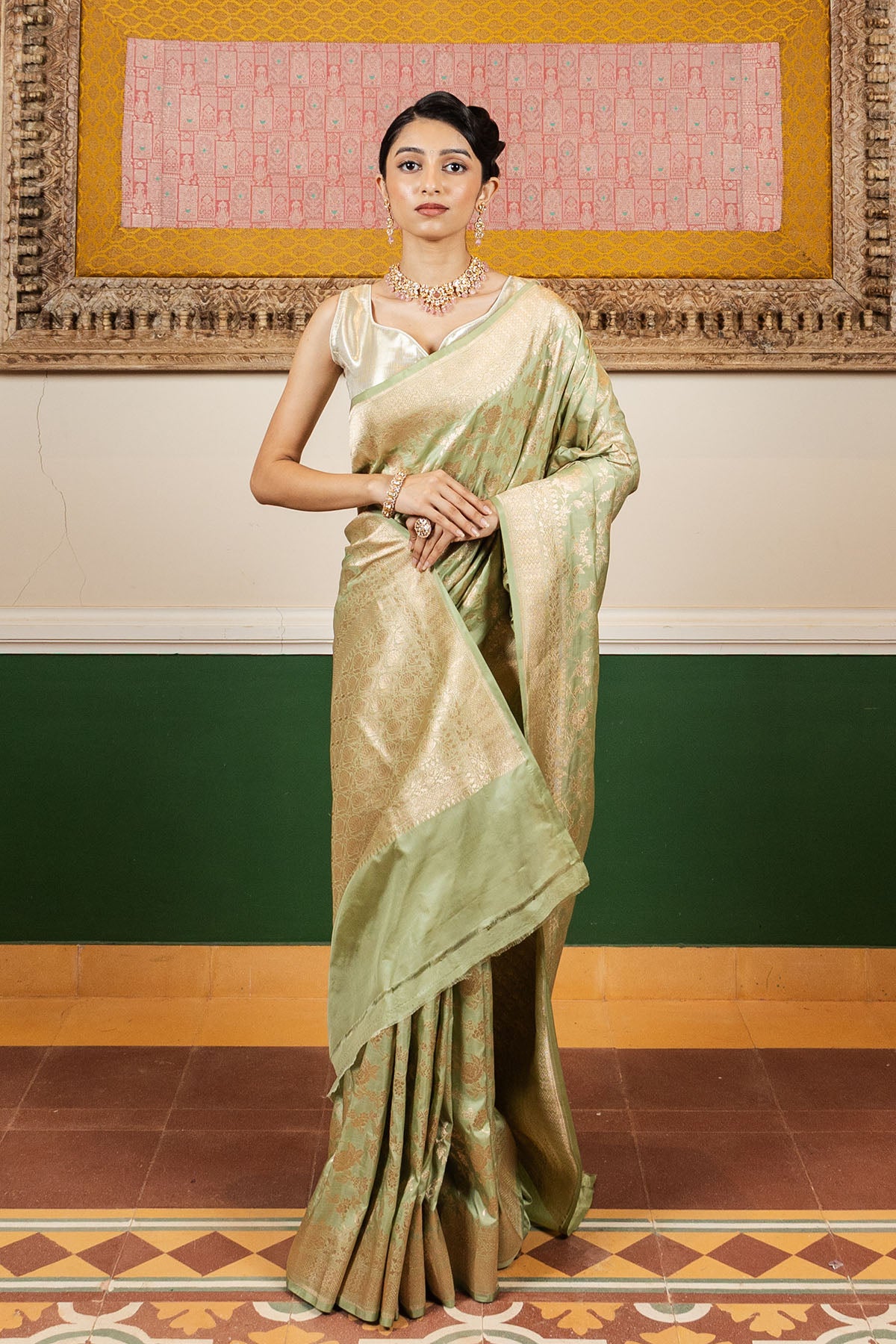 Mint Green Jaal Upadda Silk Banarasi Handloom Saree