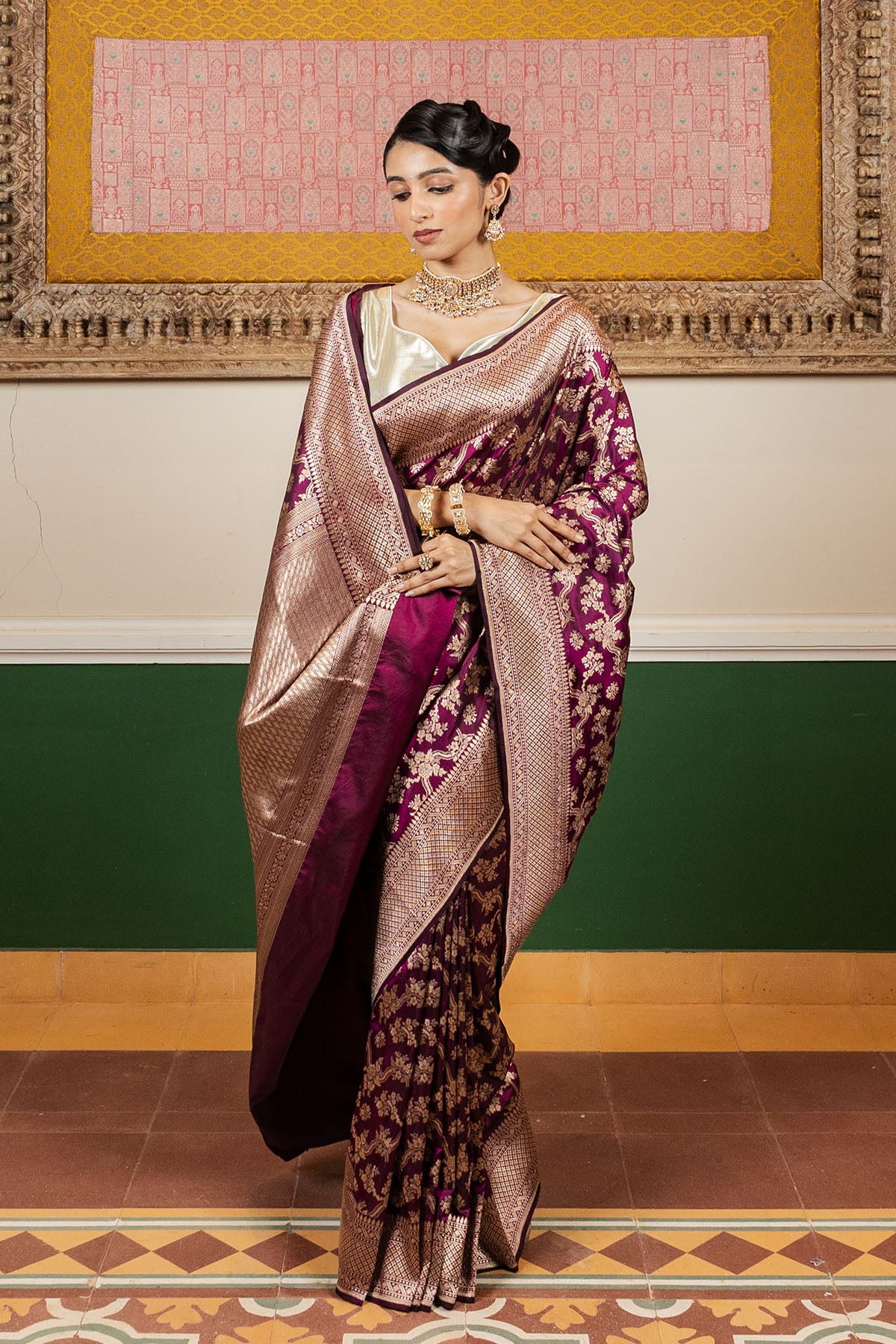 Violet Line Jaal Upadda Silk Banarasi Handloom Saree