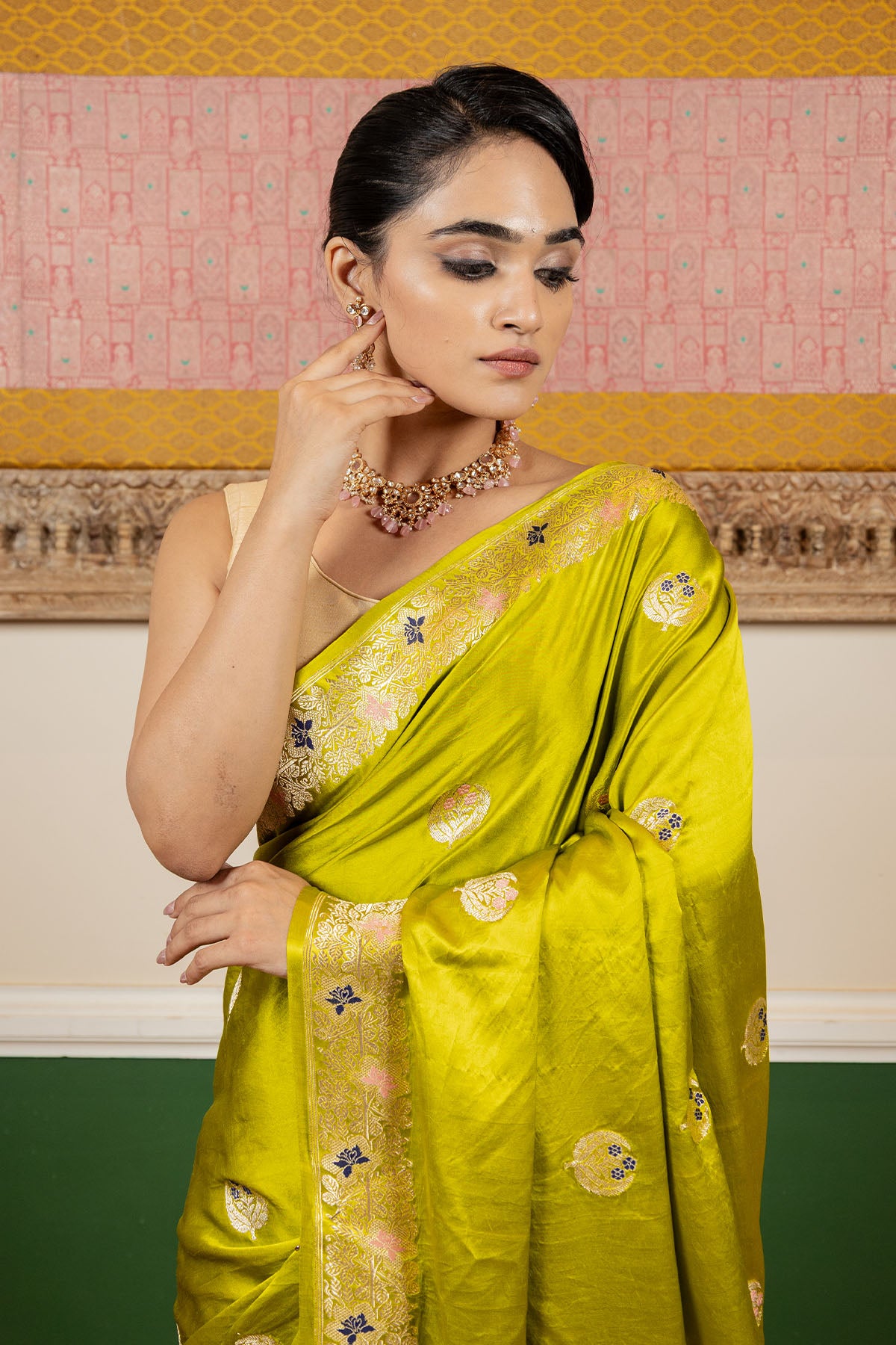 Lime Green Meenakari Mashru Silk Banarasi Handloom Saree