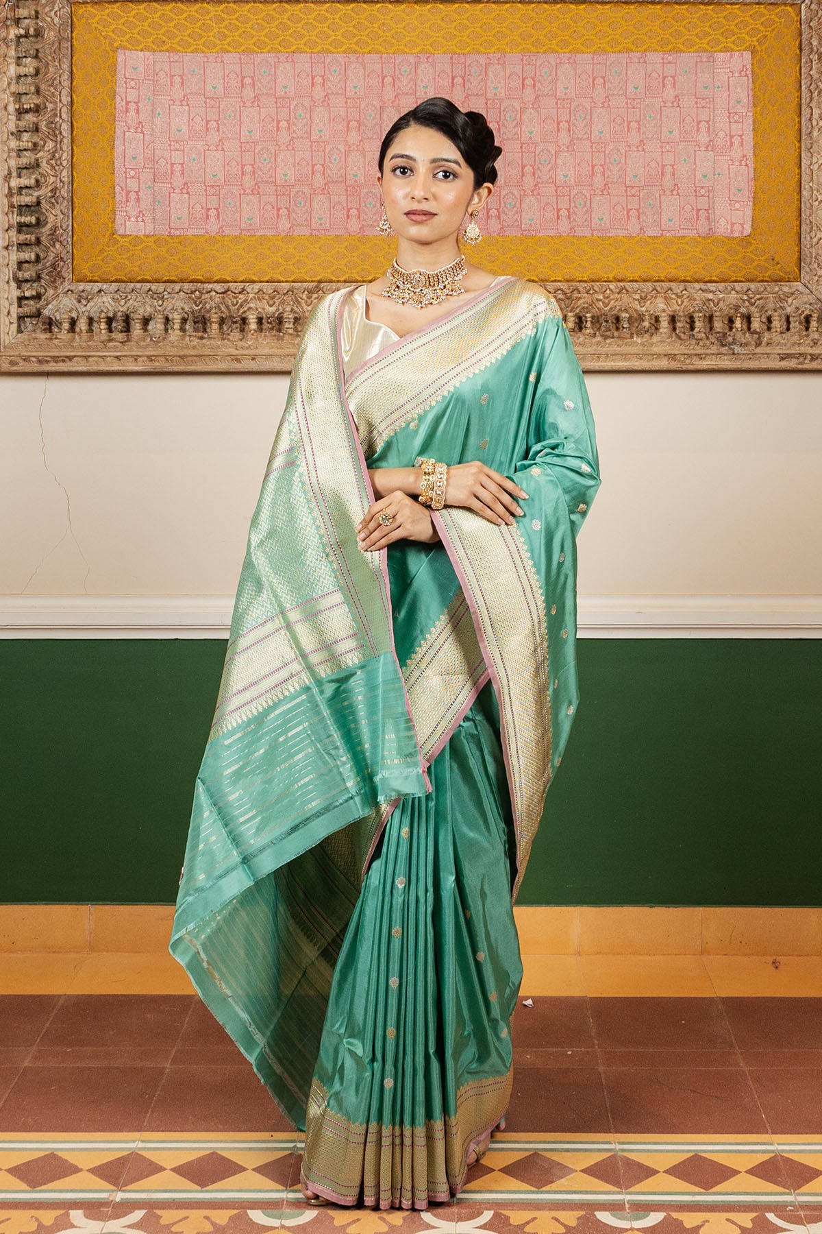 Sea Green Sonarupa Booti Katan Silk Banarasi Handloom Saree