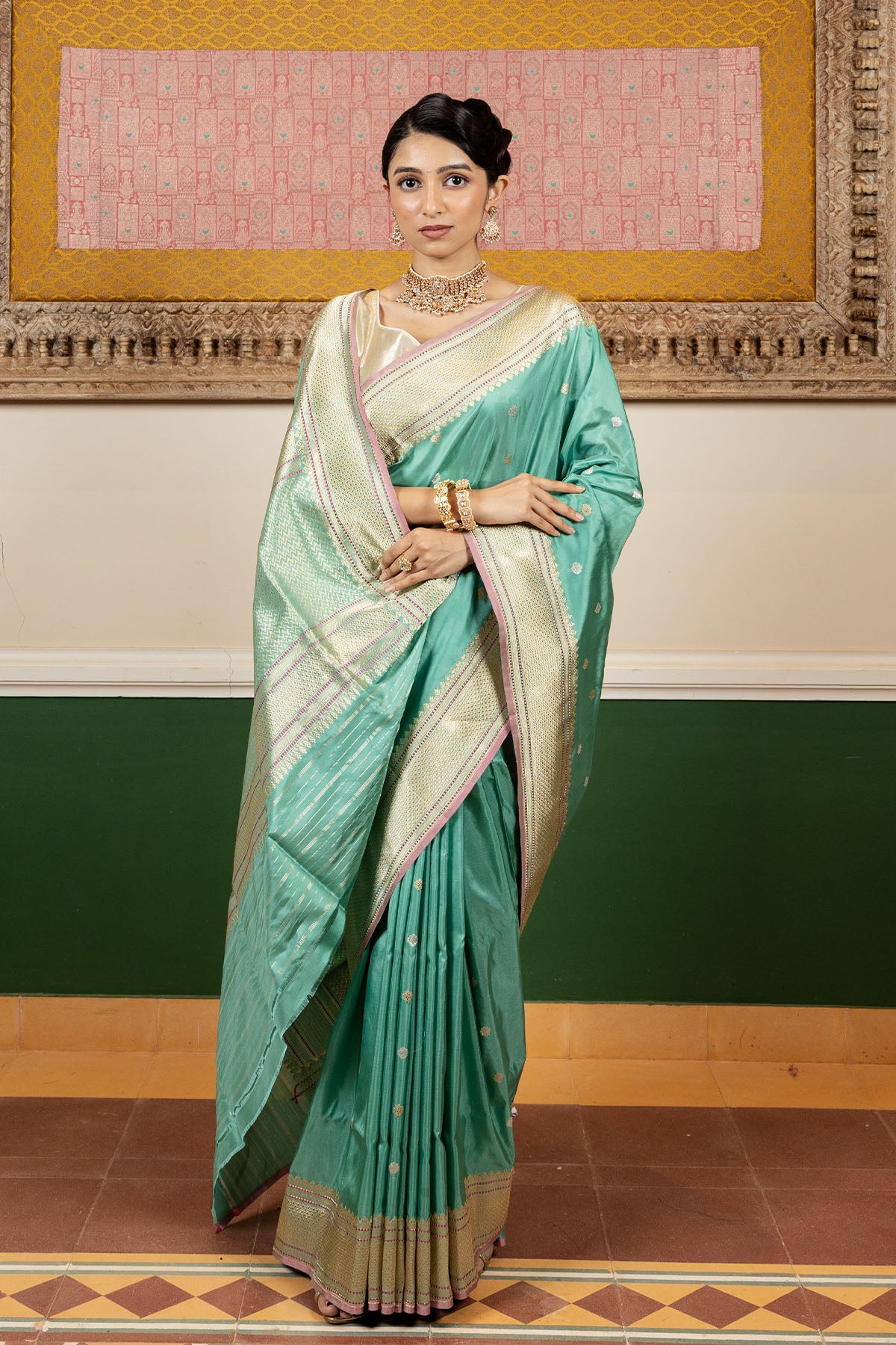 Sea Green Sonarupa Booti Katan Silk Banarasi Handloom Saree