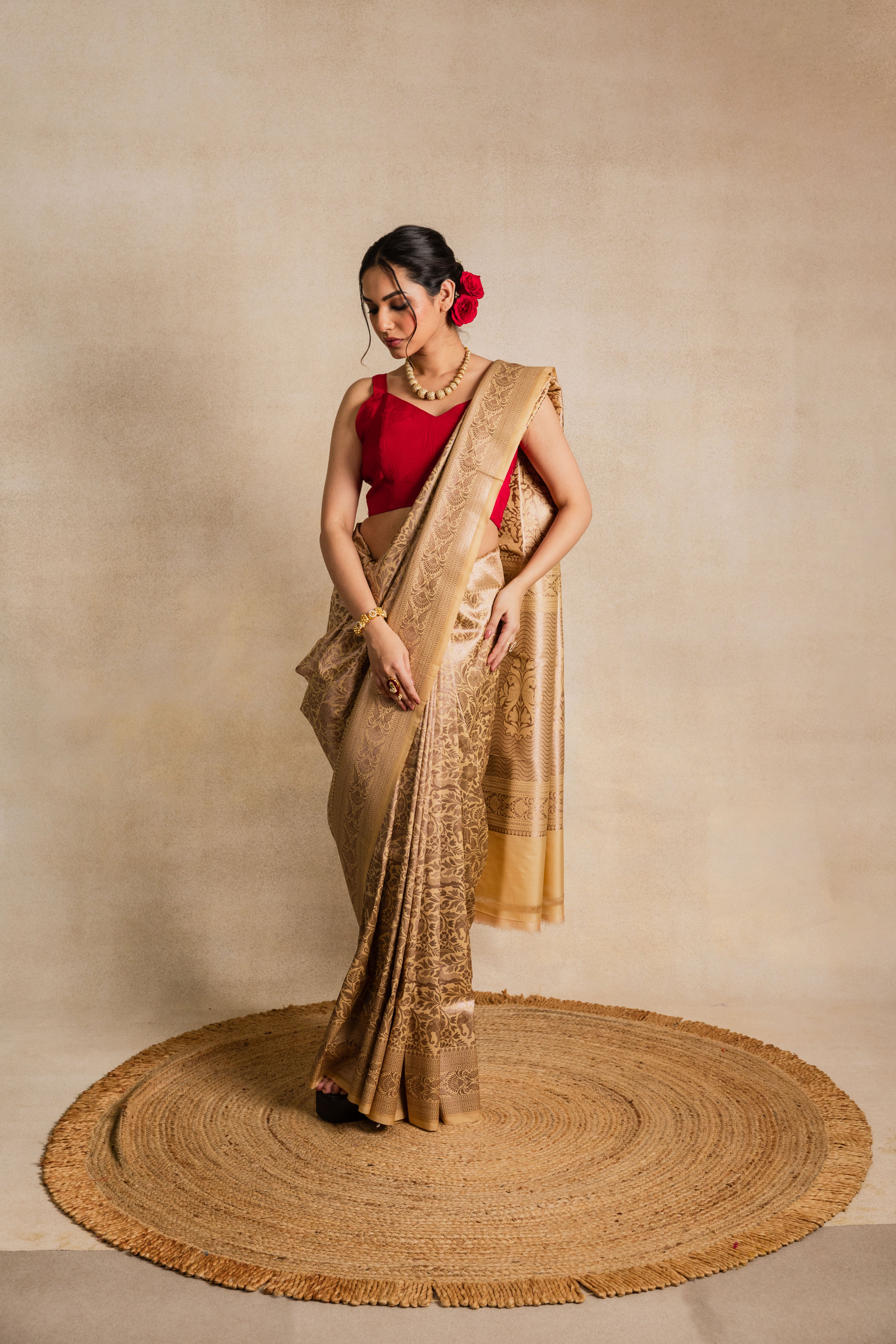 Beige Shikargah  Silk Jaal Saree