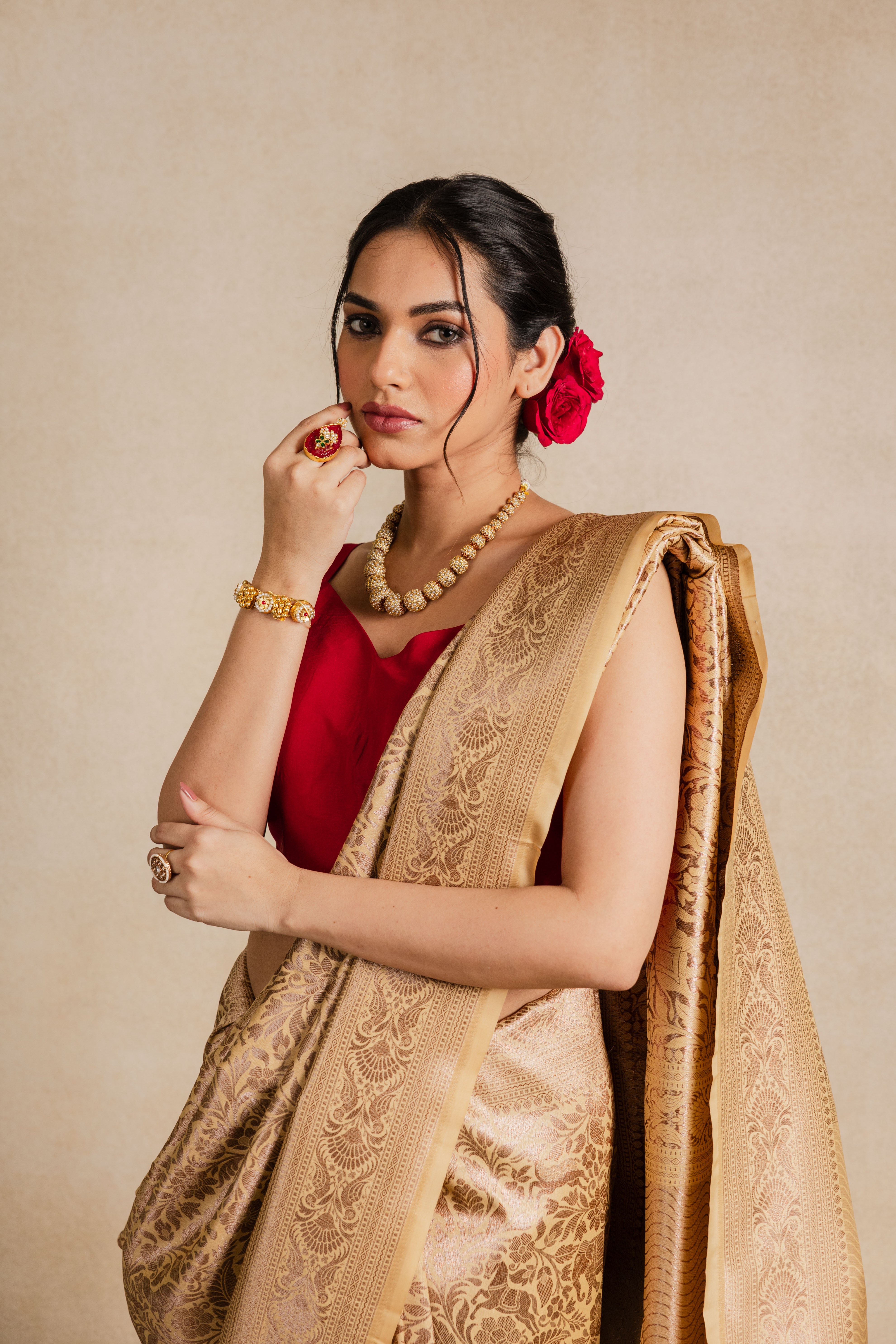 Beige Shikargah  Silk Jaal Saree