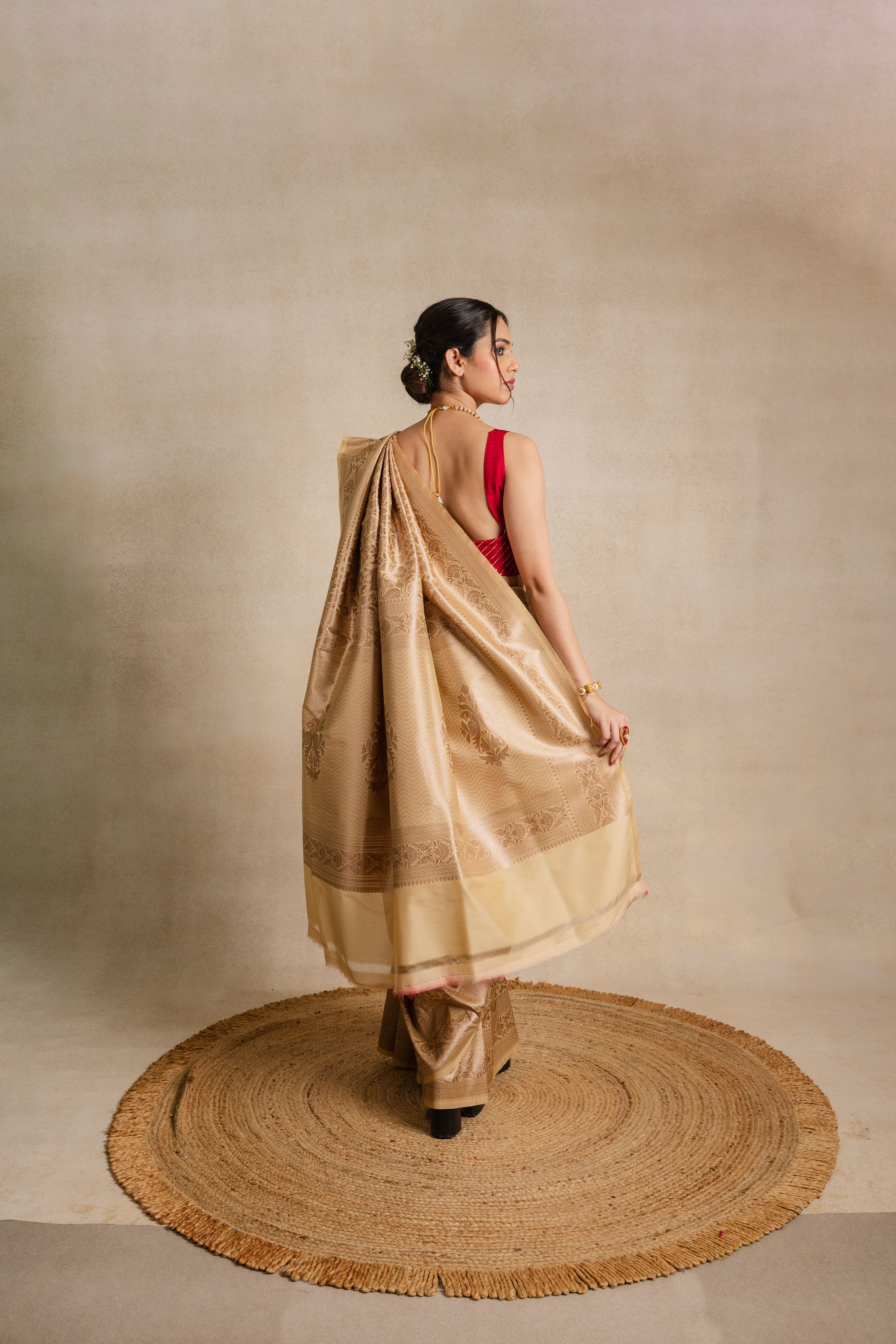 Beige Shikargah  Silk Jaal Saree