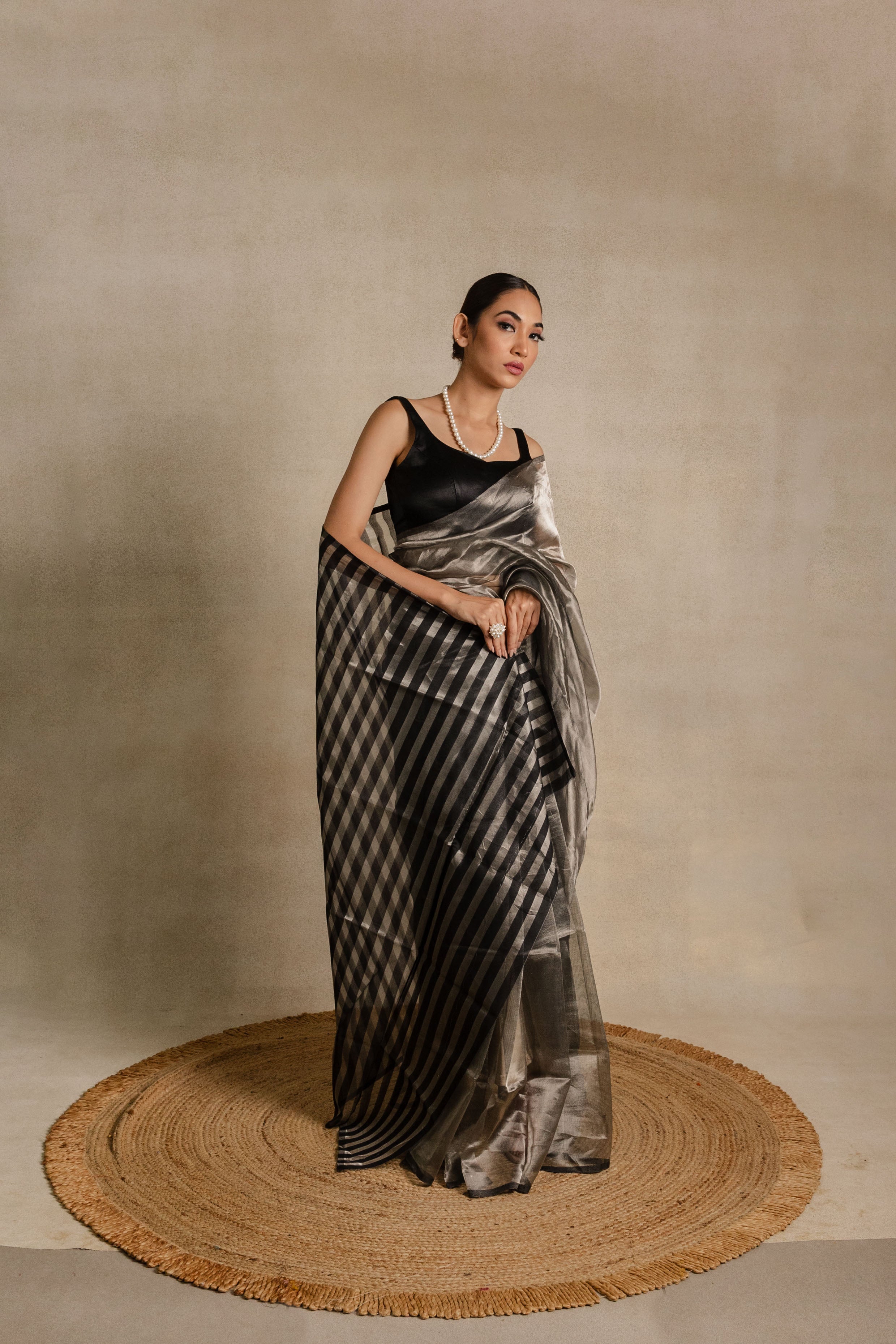 Silver Black Stripe Tissue Silk Saree