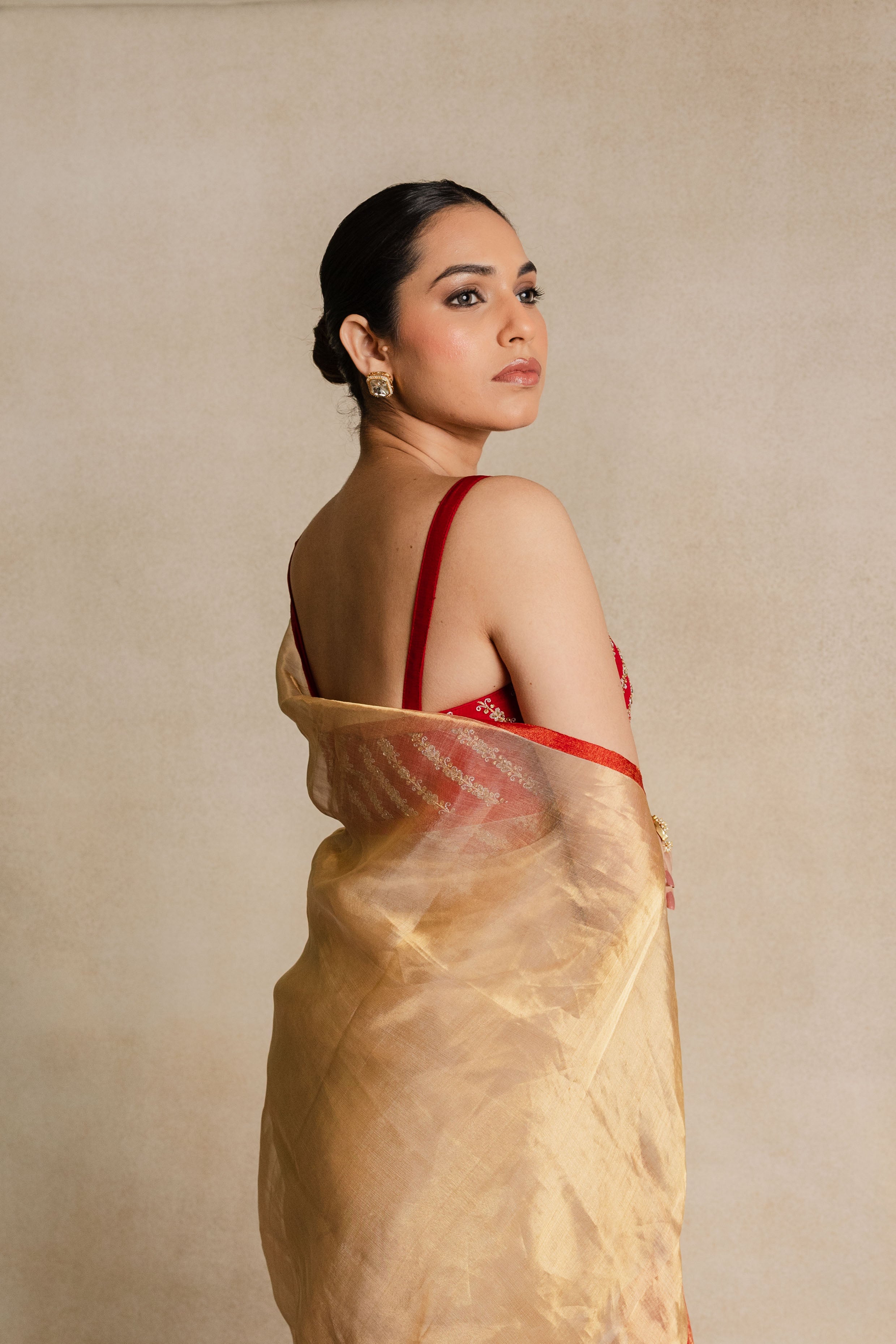 Beige Chanderi Tissue Silk Saree