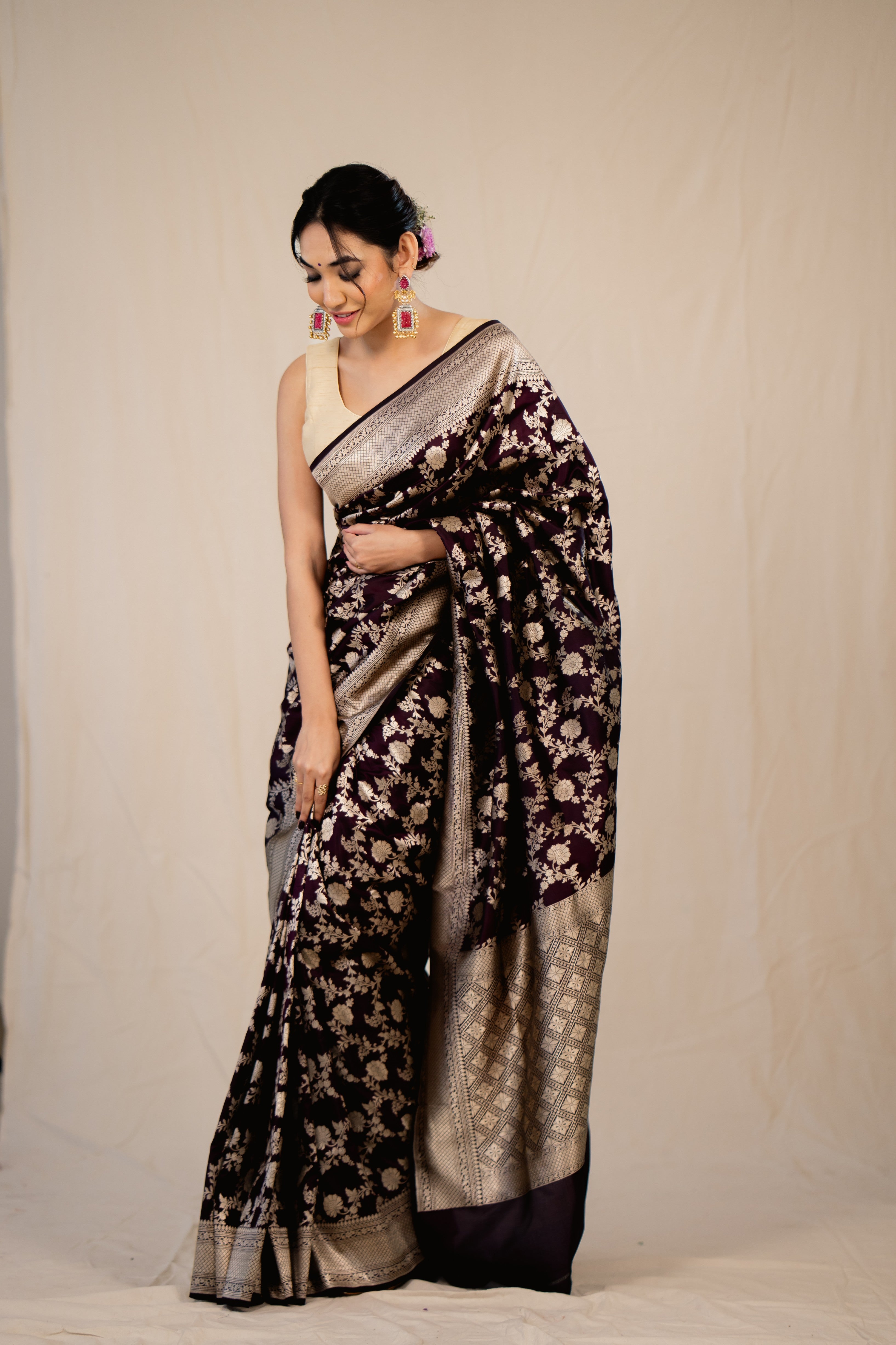 Brown Jaal Katan Silk Banarasi Handloom Saree