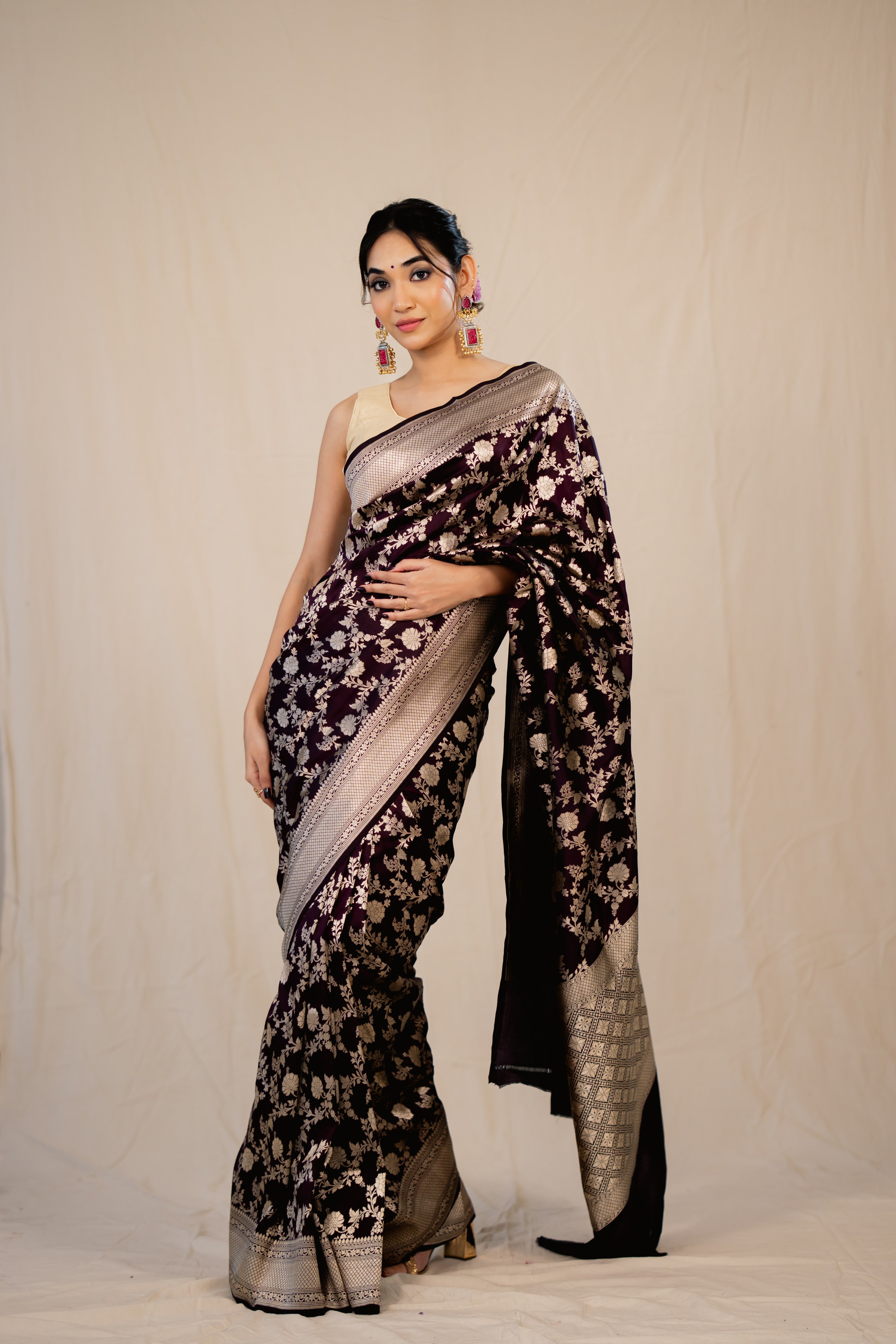 Brown Jaal Katan Silk Banarasi Handloom Saree