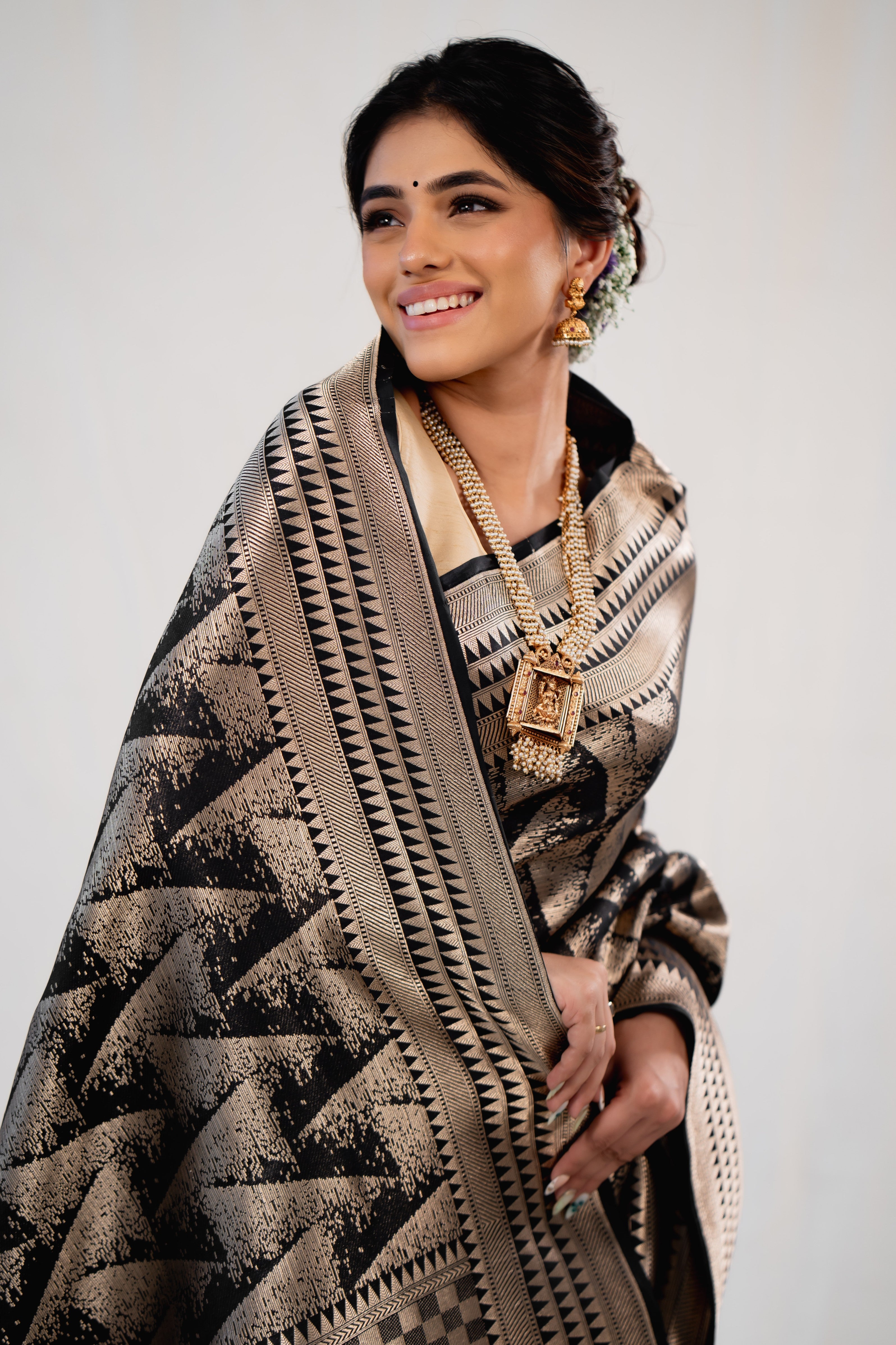 Black Abstract Satin Katan Silk Banarasi Handloom Saree