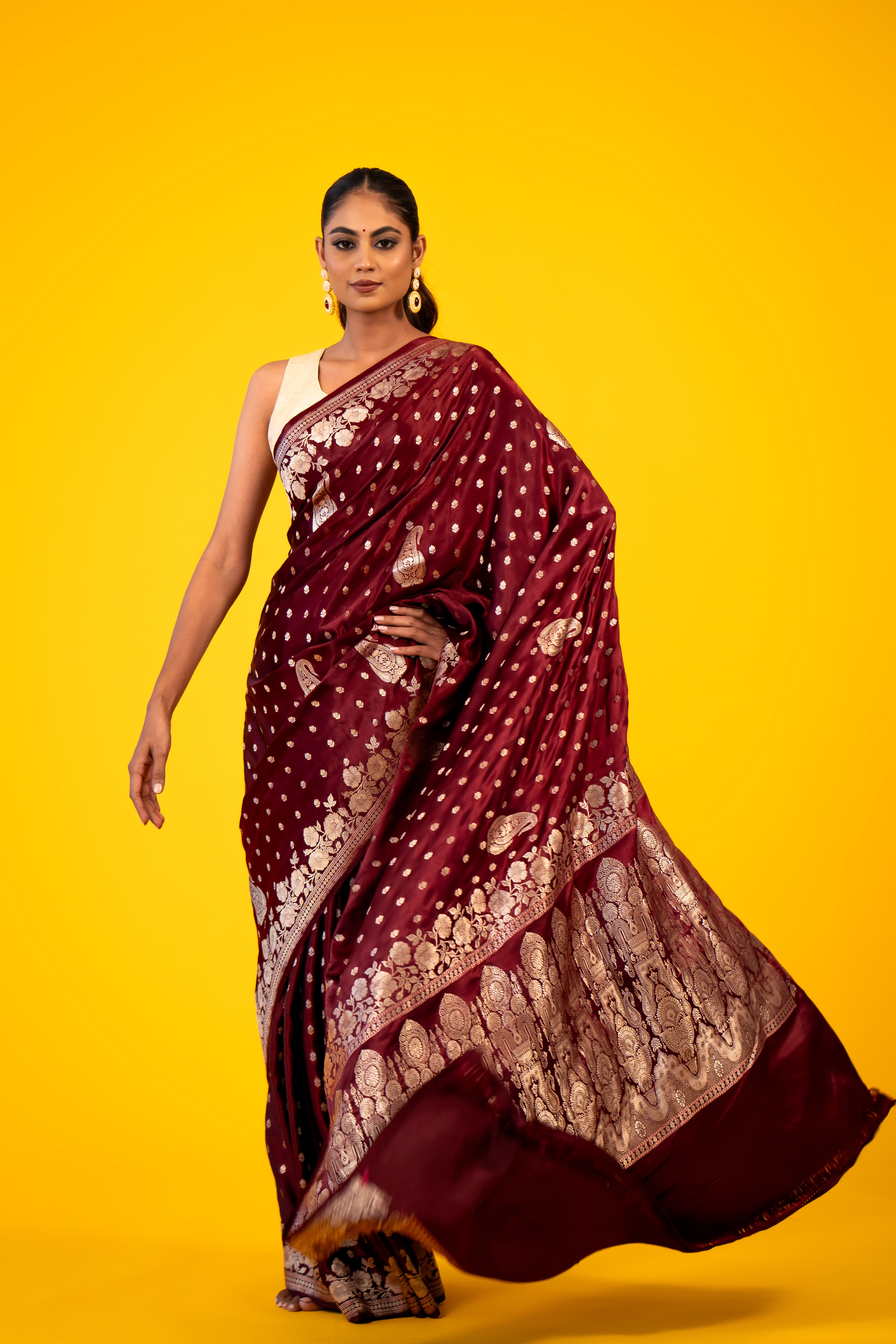 Wine Boota Meenakari Satin Katan Silk Banarasi Handloom Saree