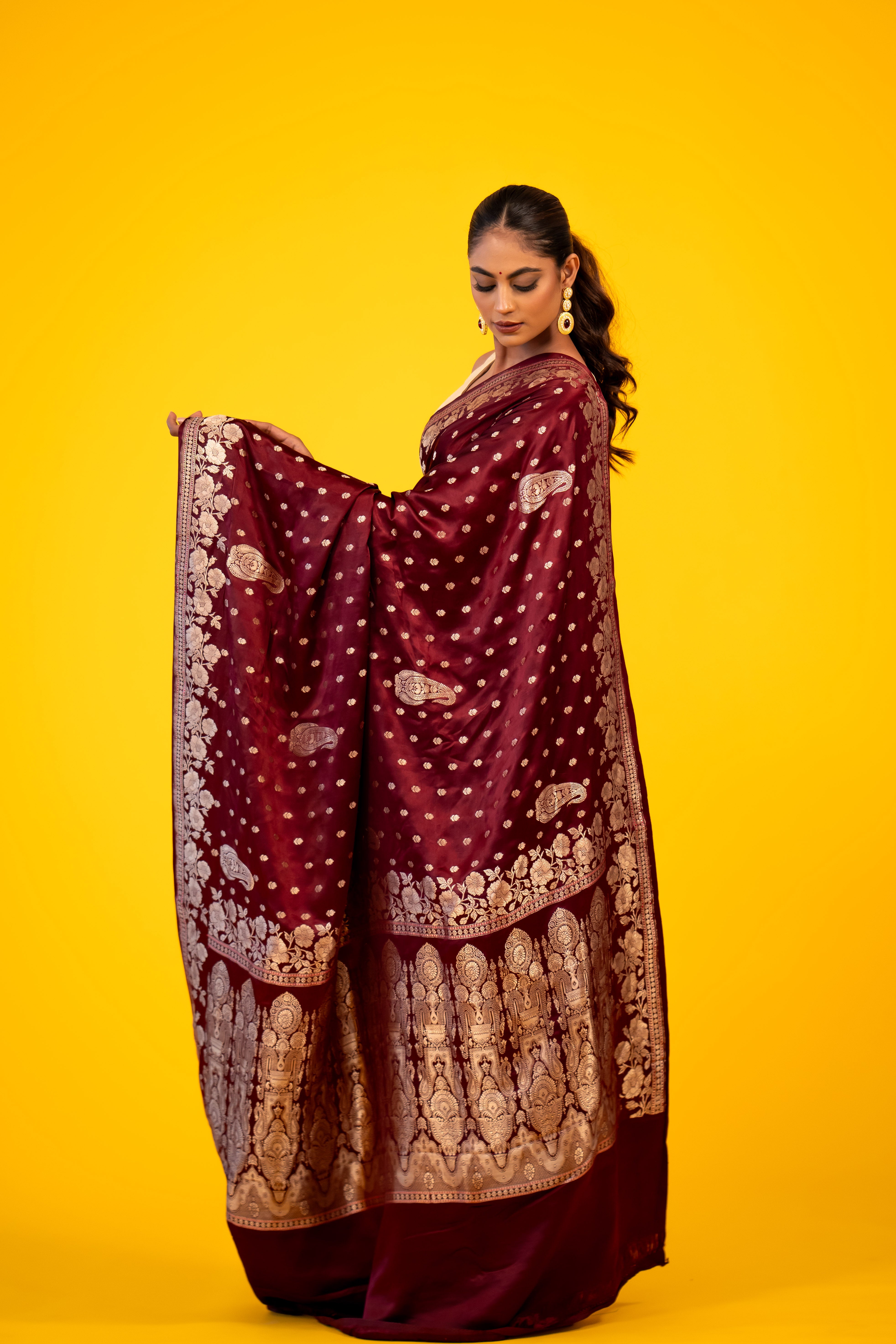 Wine Boota Meenakari Satin Katan Silk Banarasi Handloom Saree