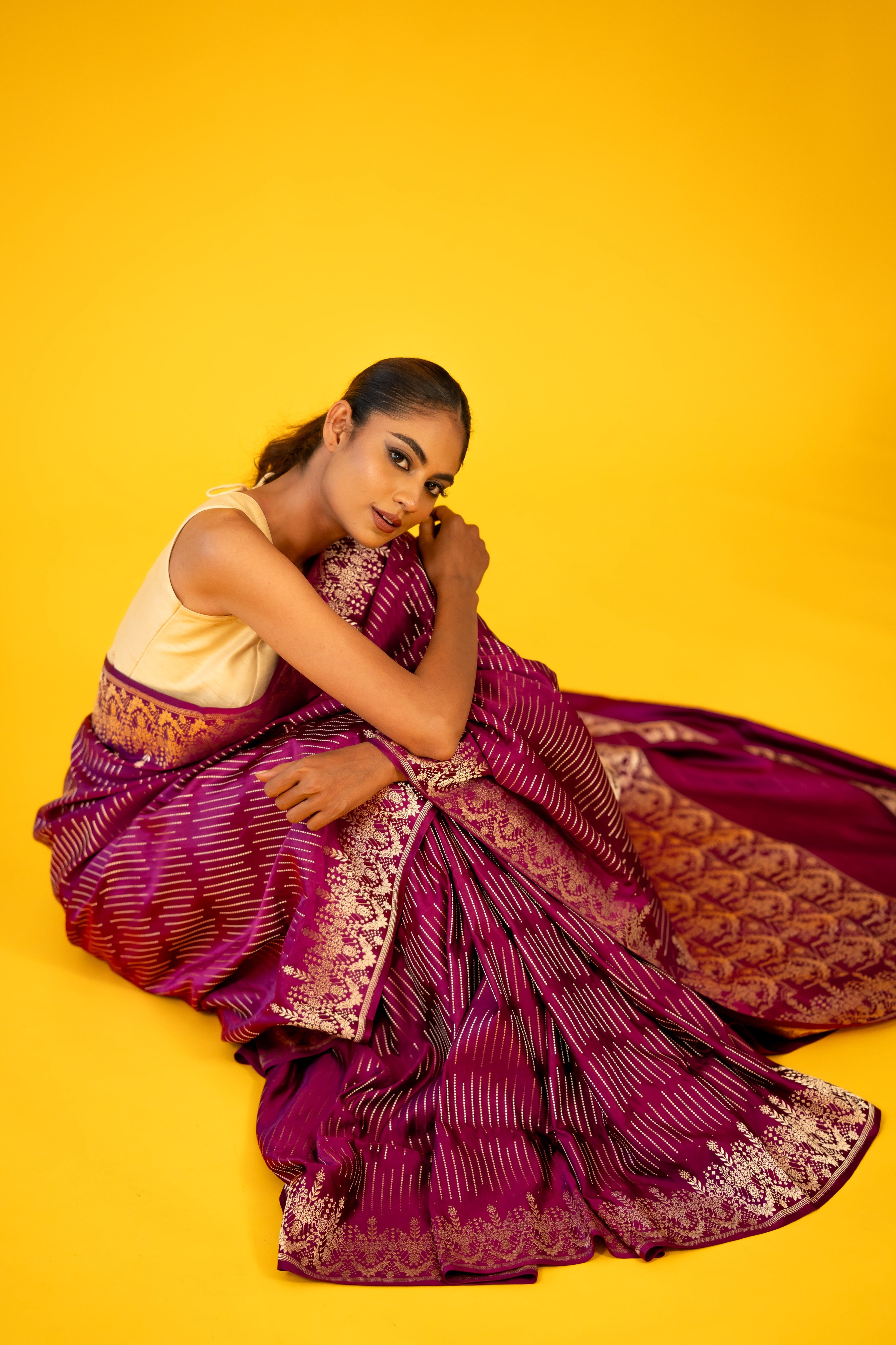 Wine Stripe Satin Katan Silk Banarasi Handloom Saree
