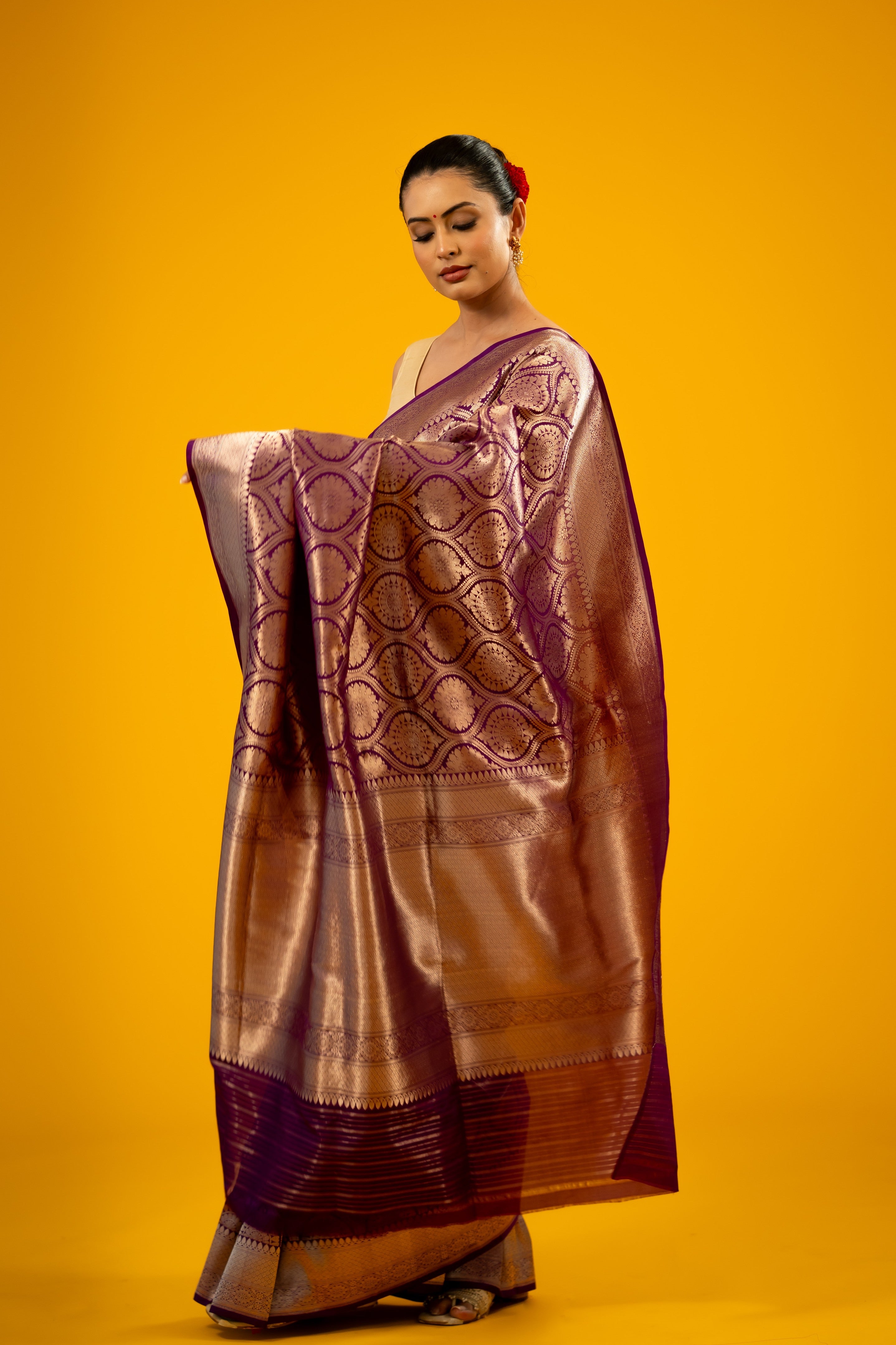 Deep Purple Katan Silk Booti Handloom Banarasi Saree