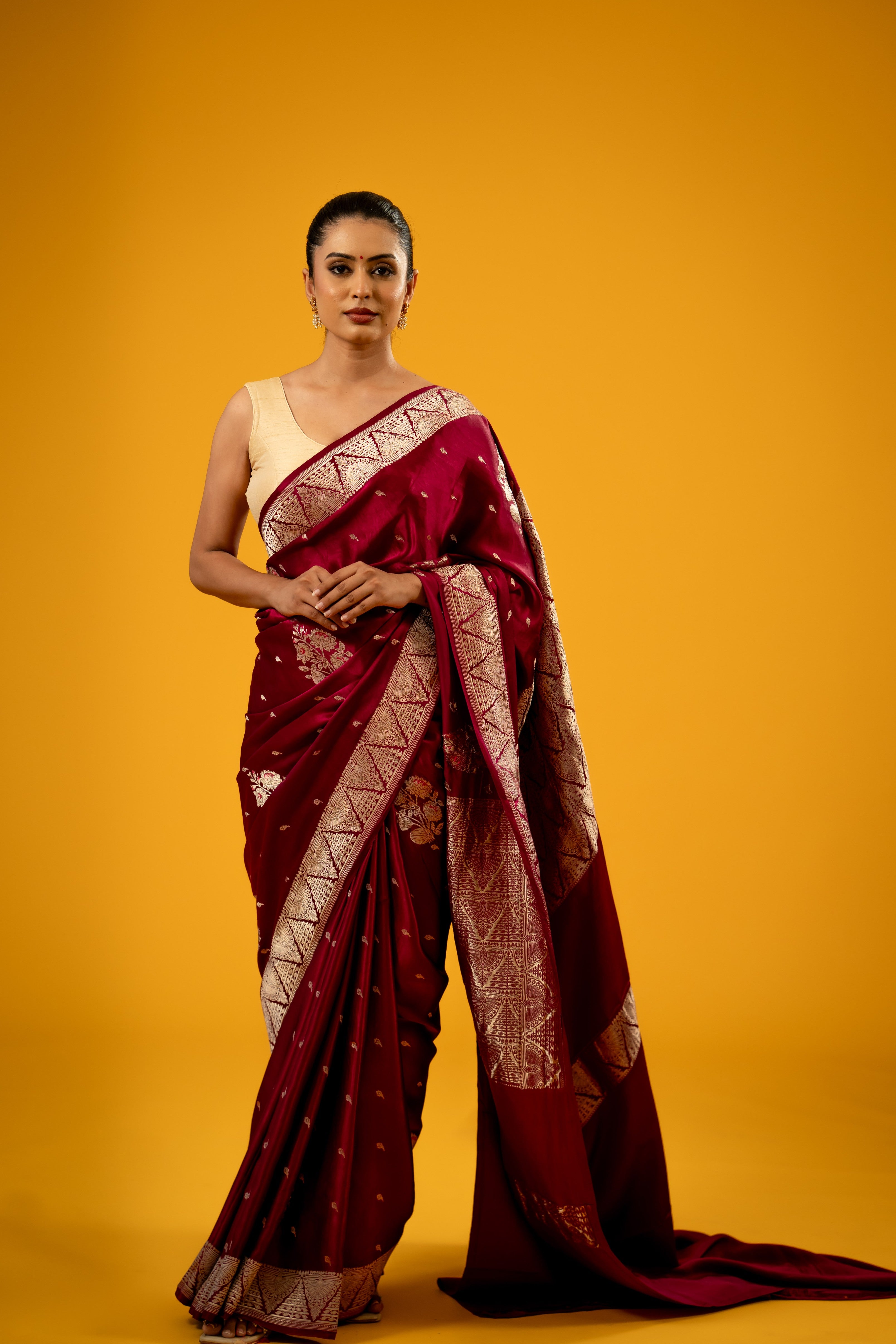 Magenta Booti Meenkari Mashru Katan Silk Banarasi Handloom Saree