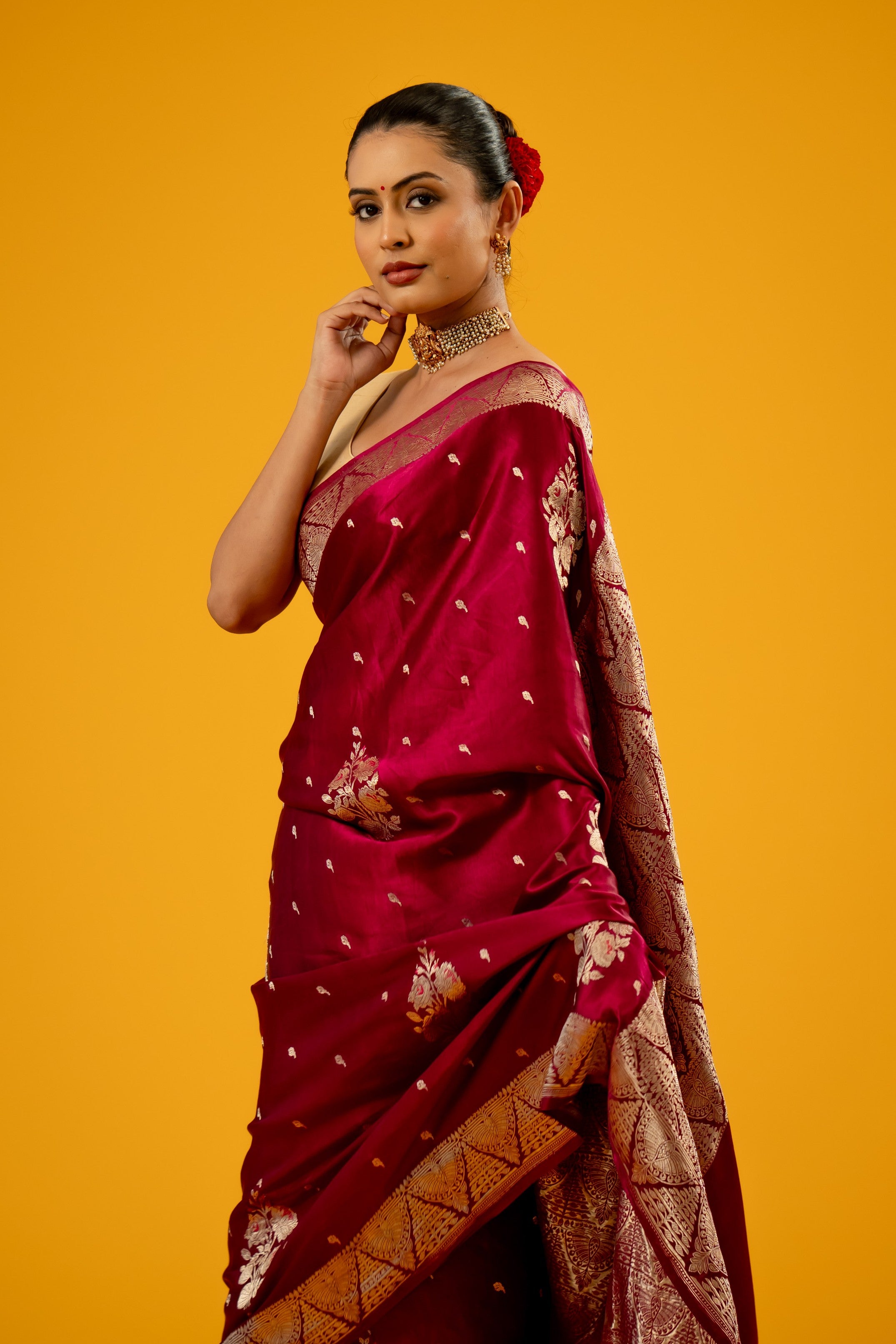 Magenta Booti Meenkari Mashru Katan Silk Banarasi Handloom Saree